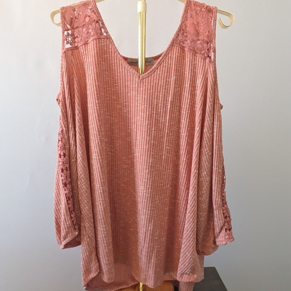 Absolutely Famous Cold Shoulder Top Women 3X Coral Lace Trim Ribbed Knit Boho